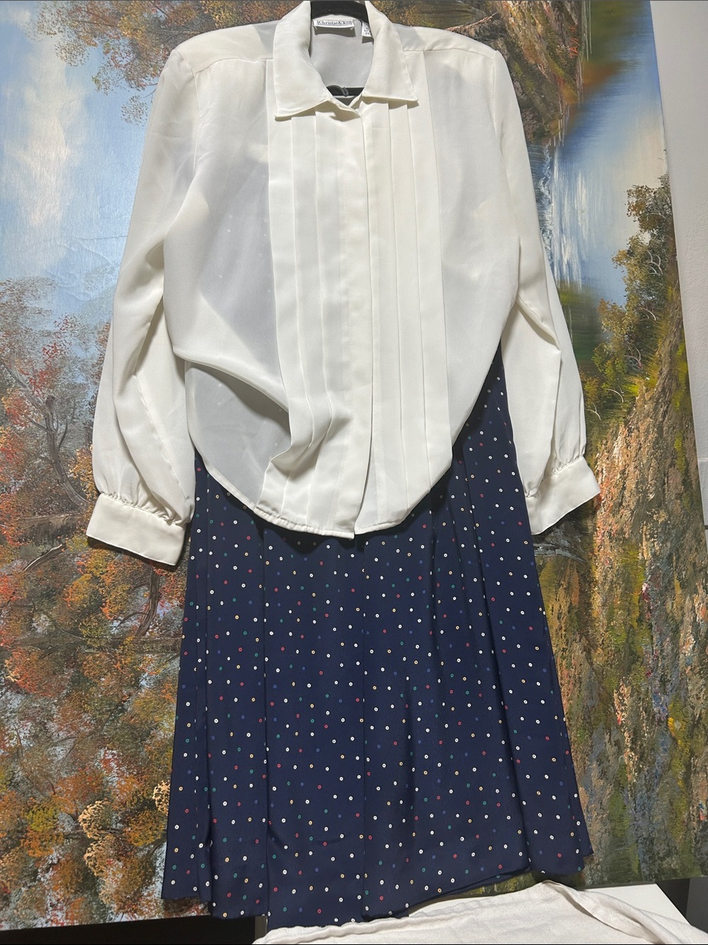 White Blouse /Navy Polka Dot Skirt .